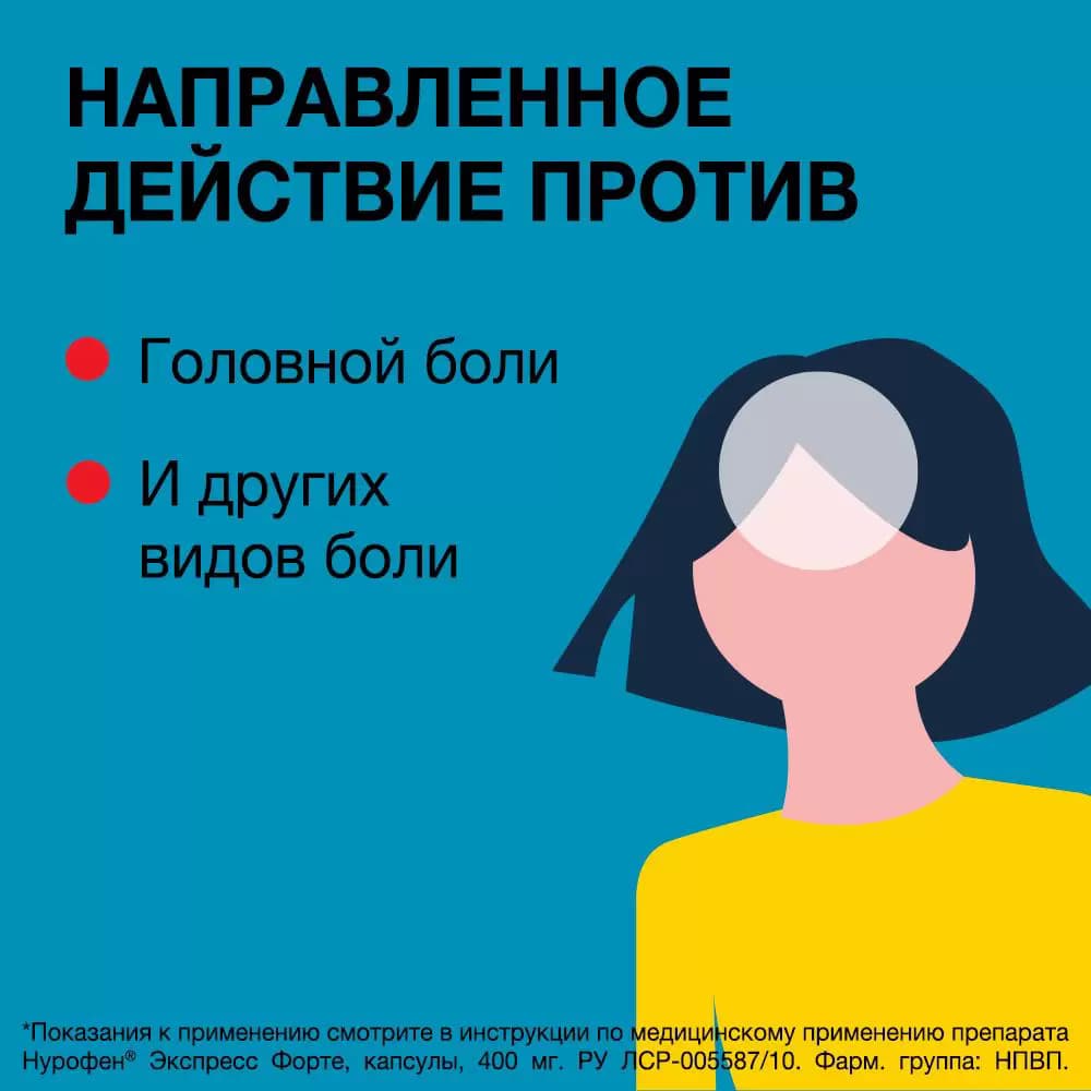 Упаковка препарата Нурофен Экспресс форте, капсулы 400 мг, 10 шт.
