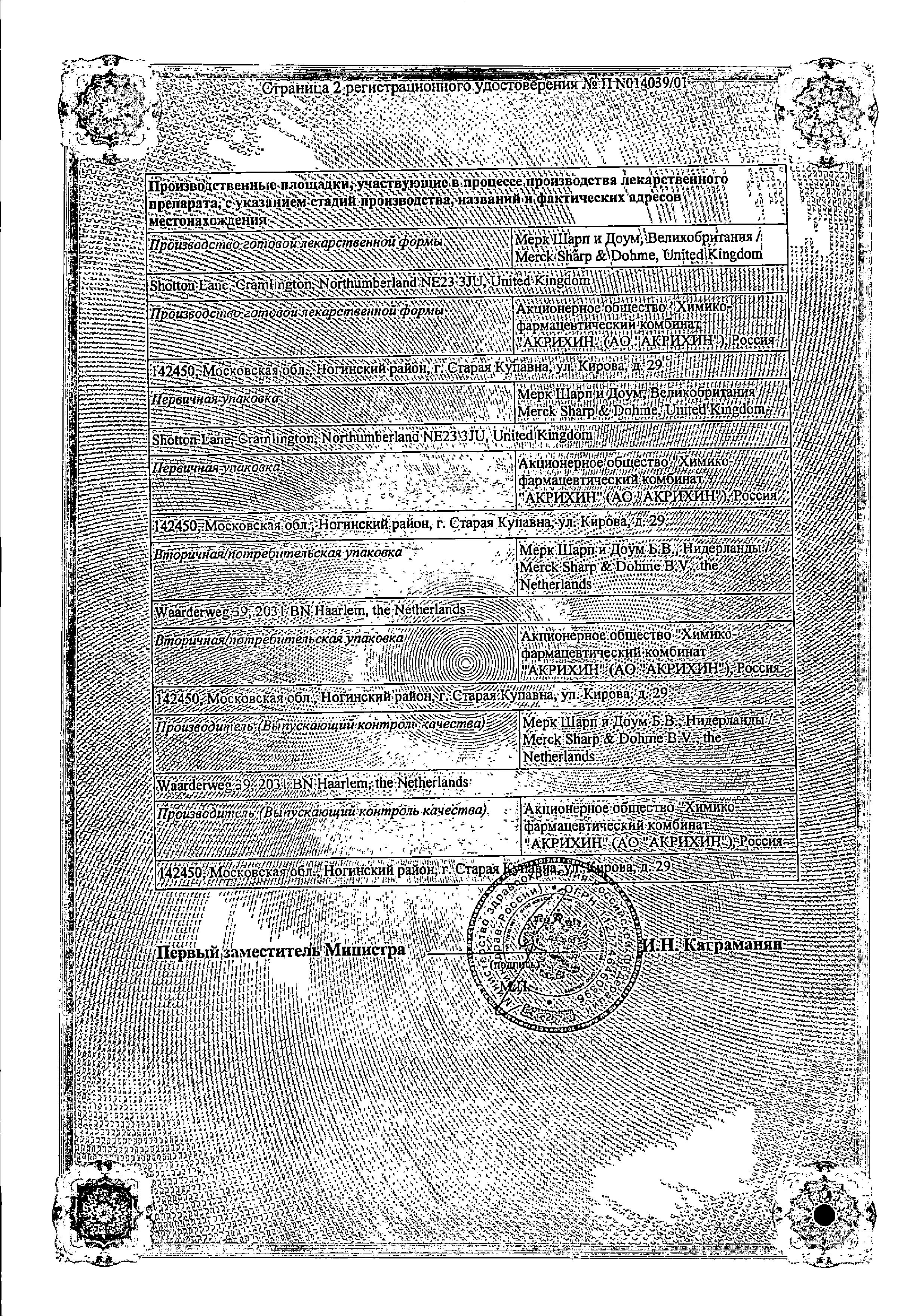 Сертификат на Ренитек