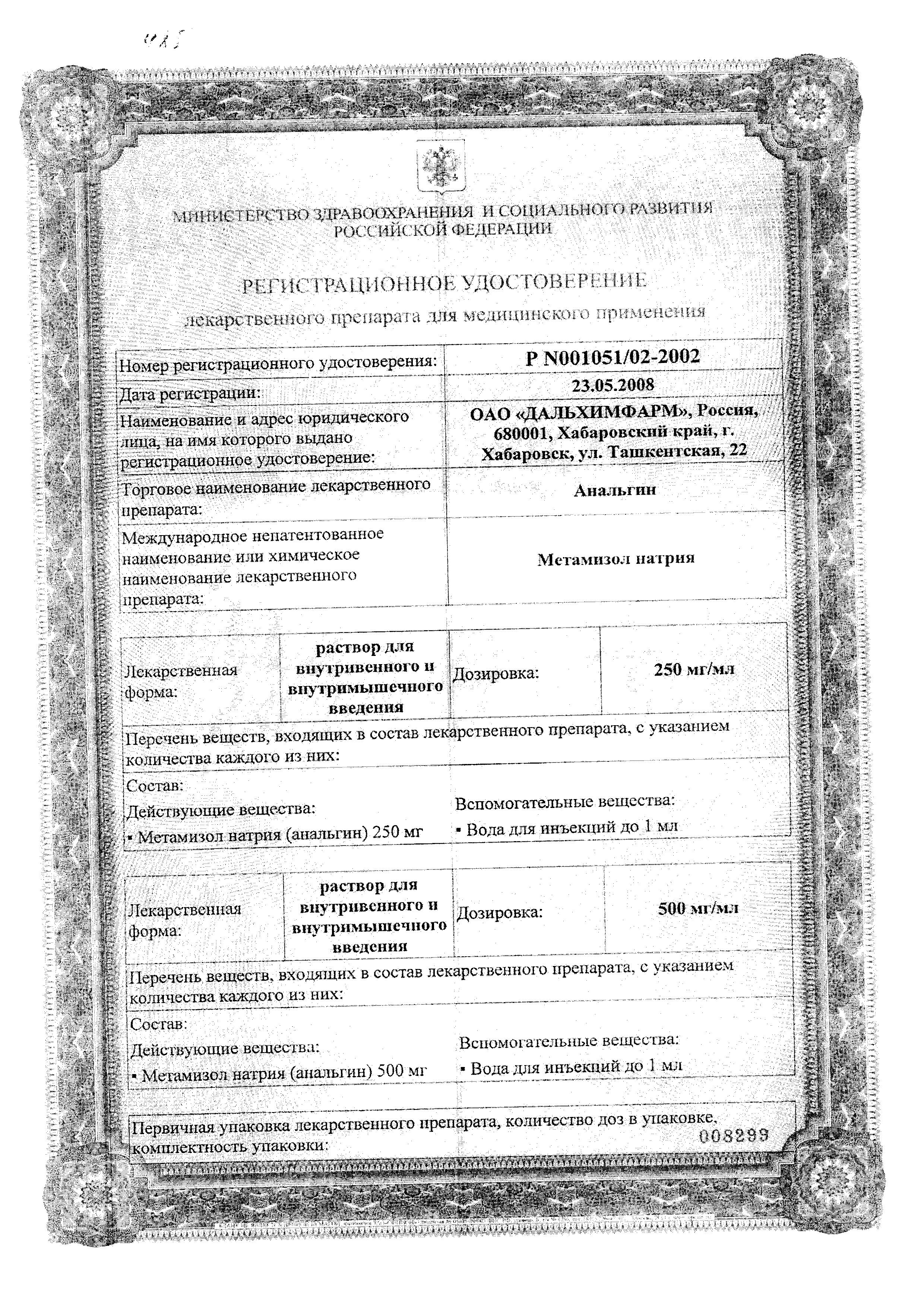 Сертификат на Анальгин