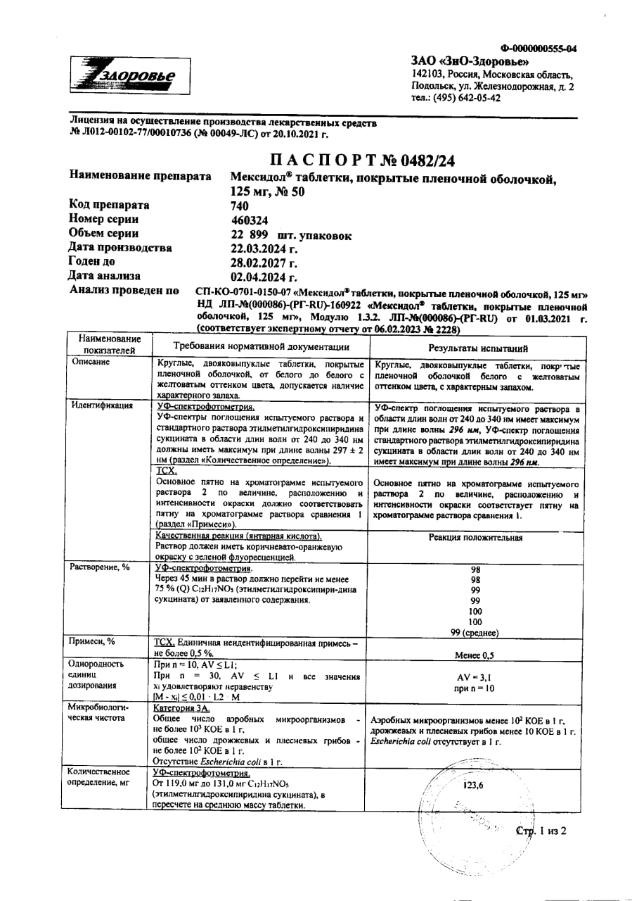 Сертификат на Мексидол