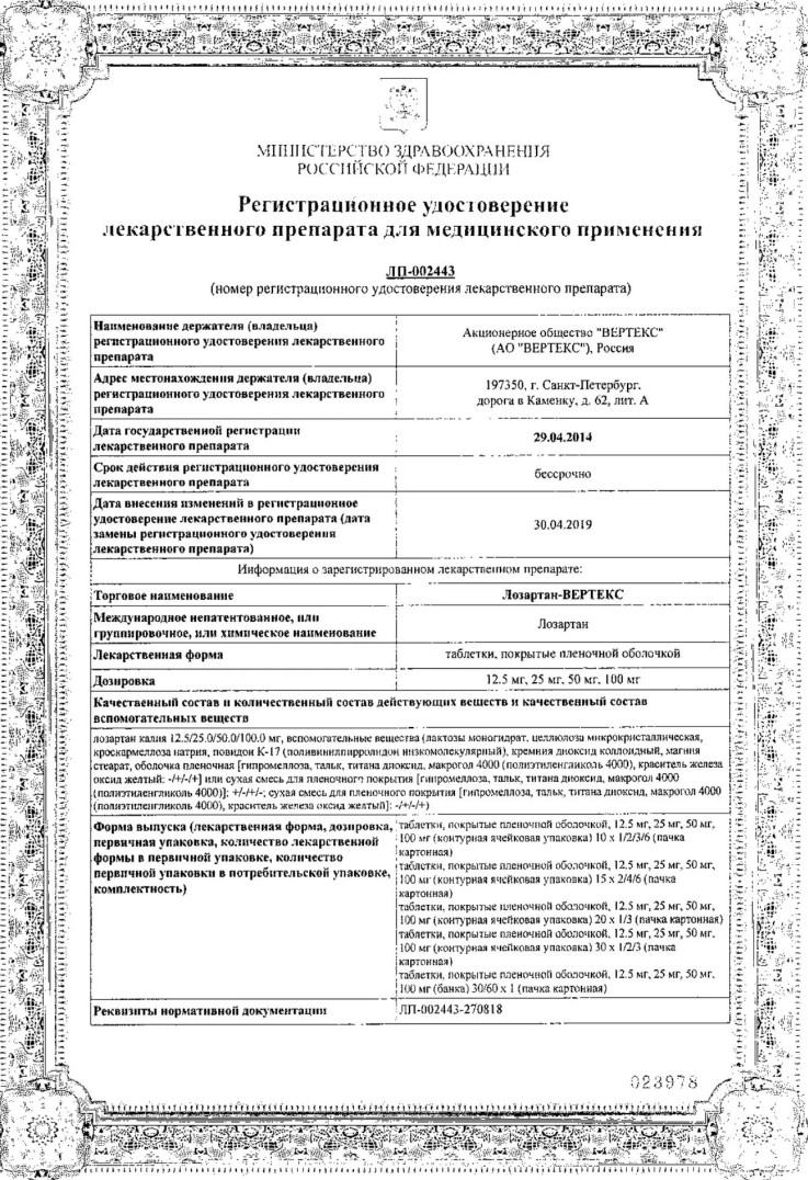 Сертификат на Лозартан