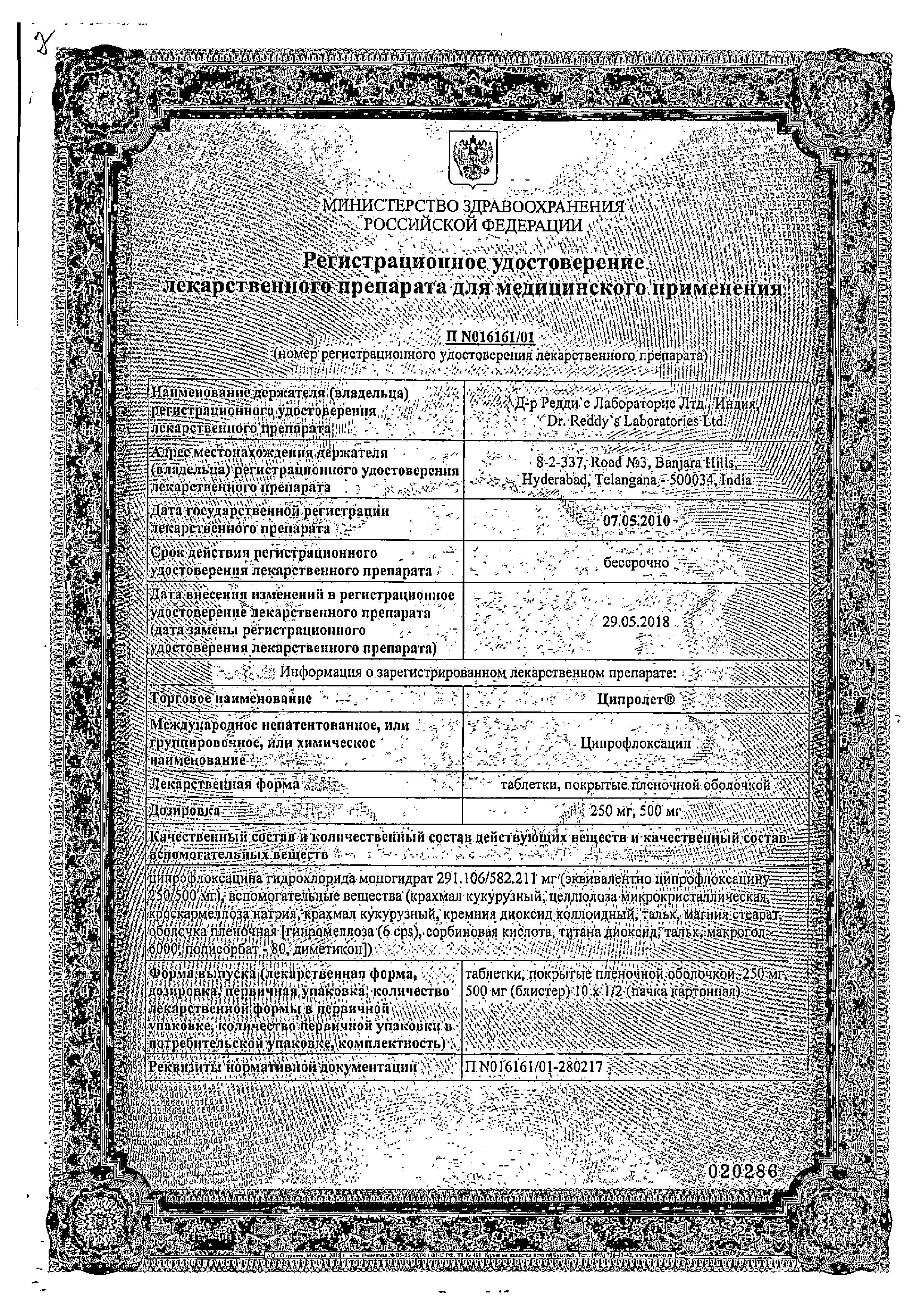 Сертификат на Ципролет