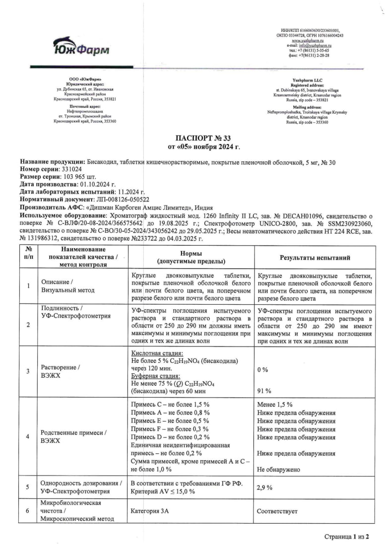 Сертификат на Бисакодил