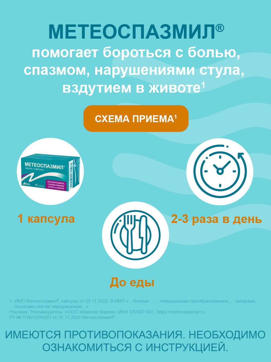 Упаковка препарата Метеоспазмил, капсулы 60 мг+300 мг, 60 шт.