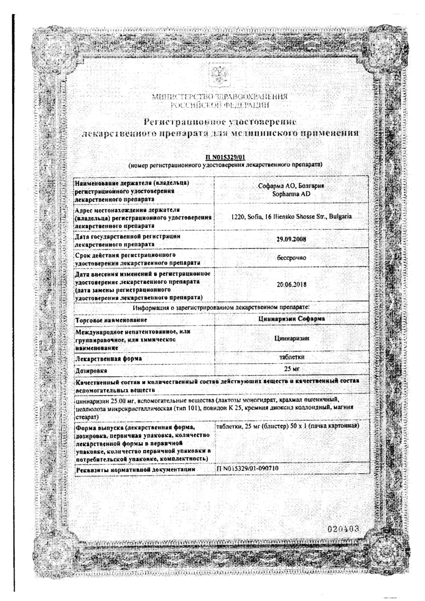 Сертификат на Циннаризин