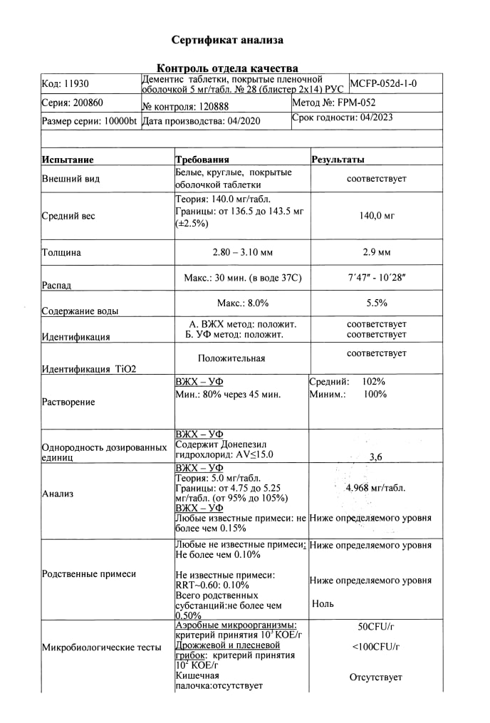 Сертификат на Дементис