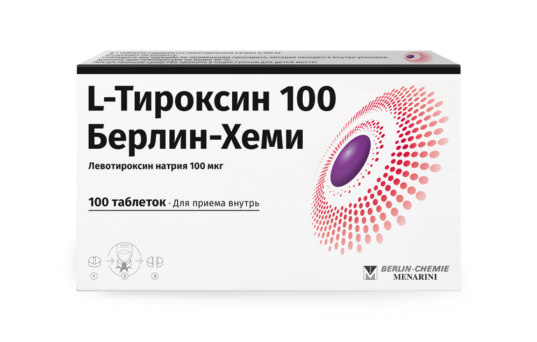 Упаковка препарата L-Тироксин 100 Берлин-Хеми, таблетки 100 мкг, 100 шт.