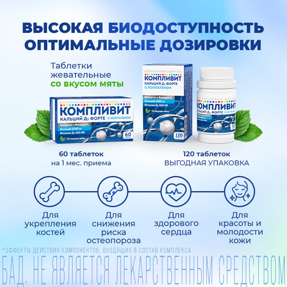 Компливит Кальций Д3 форте, таблетки жевательные 500 мг+400 МЕ (мята), 60 шт.