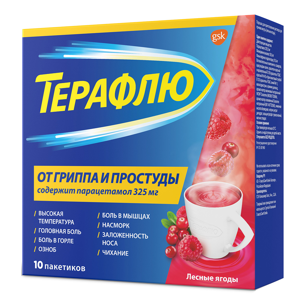 Упаковка препарата ТераФлю, жаропонижающее обезболивающее средство от симптомов гиппа и простуды, 10 шт.