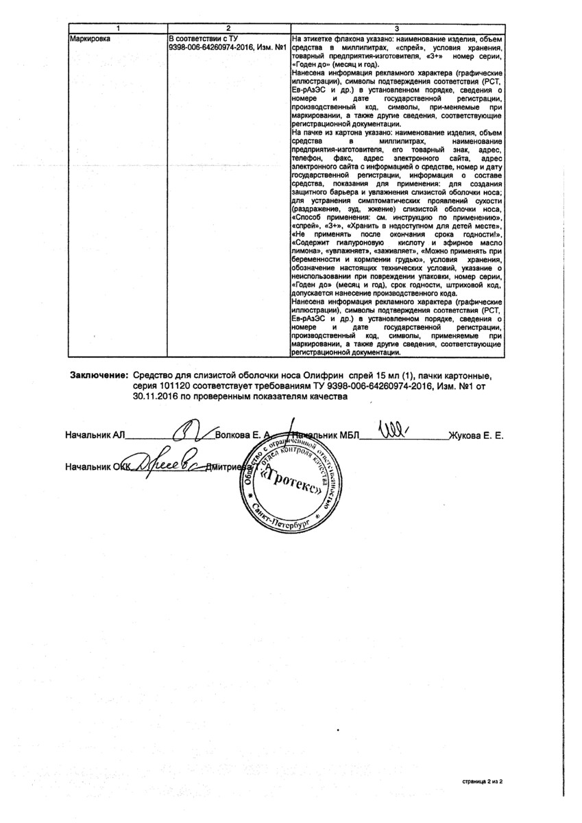 Сертификат на Олифрин