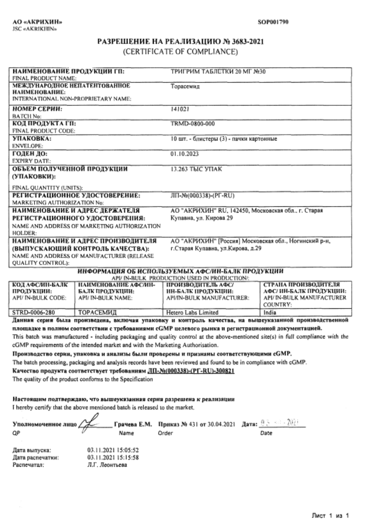 Сертификат на Тригрим