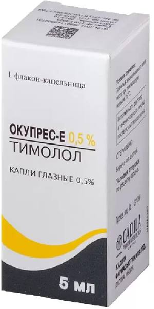 Упаковка препарата Окупрес-Е, капли глазные 0.5% 5 мл, 1 шт.