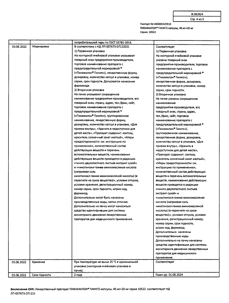 Сертификат на Пикамилон