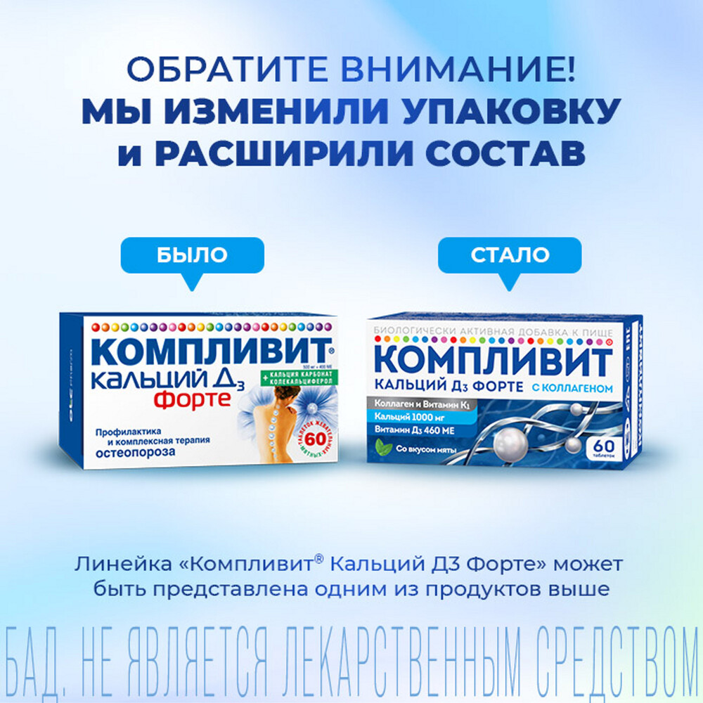 Компливит Кальций Д3 форте, таблетки жевательные 500 мг+400 МЕ (мята), 60 шт.