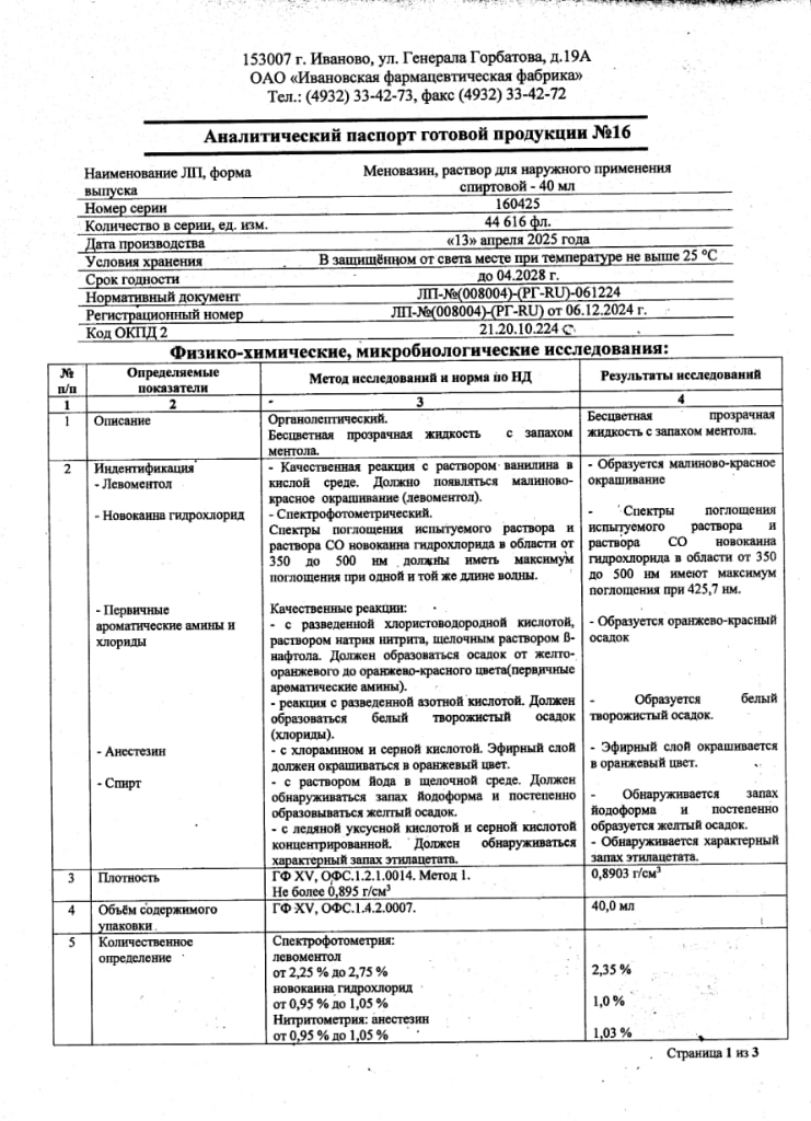 Сертификат на Меновазин