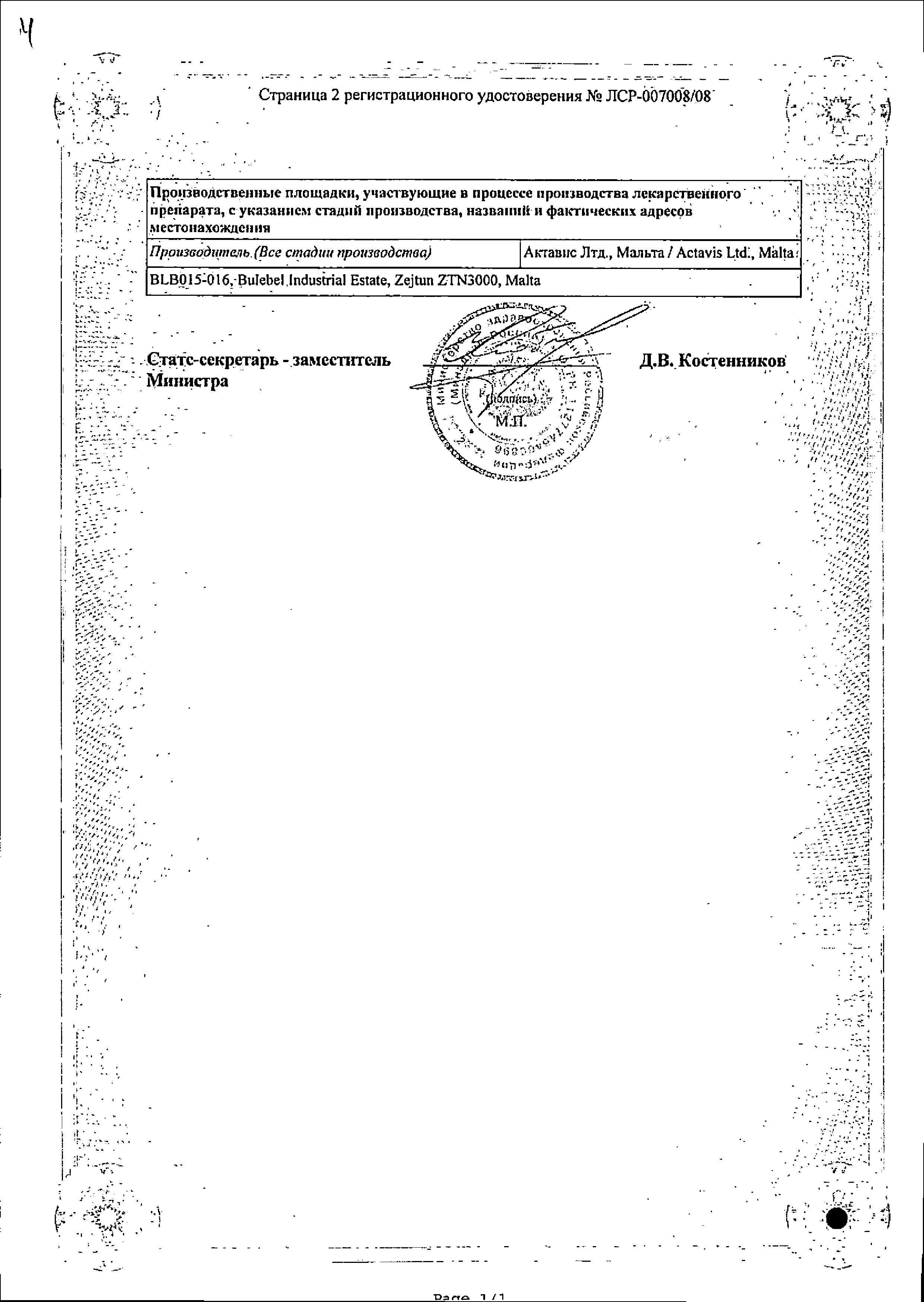 Сертификат на Лопирел