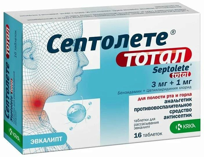 Септолете Тотал, таблетки для рассасывания 3 мг+1 мг (эвкалипт), 16 шт. (арт. 195922)