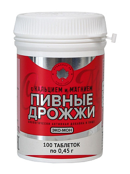 Дрожжи пивные Эко-Мон с кальцием и магнием, таблетки 500 мг, флакон 100 шт.