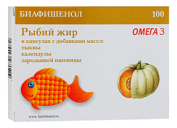 Рыбий жир Биафишенол, капсулы с маслом тыквы, календулы и зародышей пшеницы 300 мг, 100 шт.