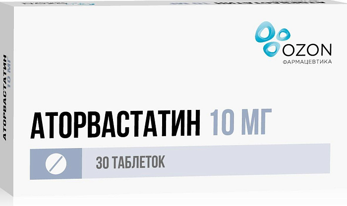 Аторвастатин таблетки, покрытые пленочной оболочкой 10 мг (Озон), 30 шт. 