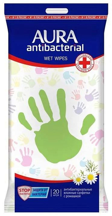 Aura, салфетки влажные антибактериальные с ромашкой, 20 шт.