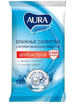 Aura Family, влажные салфетки антибактериальные, 15 шт.