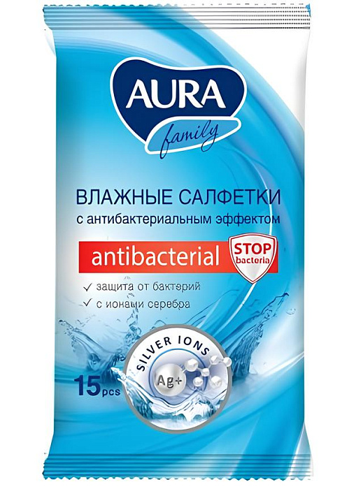 Aura Family, влажные салфетки антибактериальные, 15 шт.
