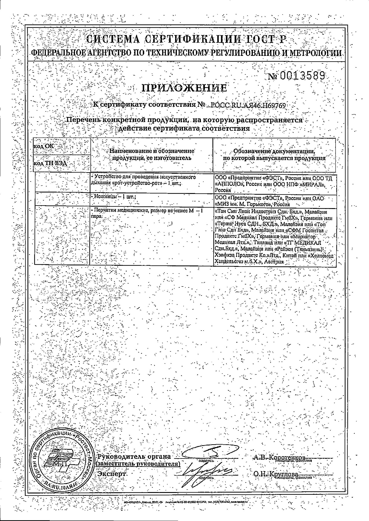 Сертификат на Аптечка автомобильная «Салют»