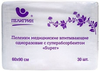 Пелигрин Super, пеленки одноразовые нестерильные, 60 см х 90 см, 30 шт.