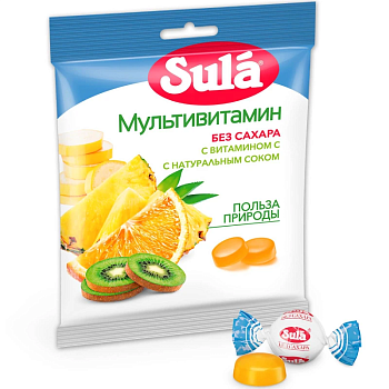 Sula, карамель леденцовая без сахара(мультивитамин), пакет 60 г