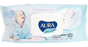 Aura Ultra Comfort, салфетки влажные для детей с экстрактом алоэ и витамином Е, 120 шт.