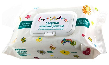 Страна детства, салфетки влажные детские (экстракт ромашки/витамин Е), 80 шт.