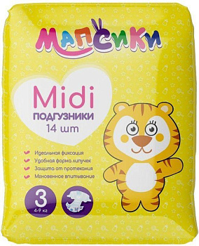 Мапсики Midi 3М, подгузники (4-9 кг), 14 шт.