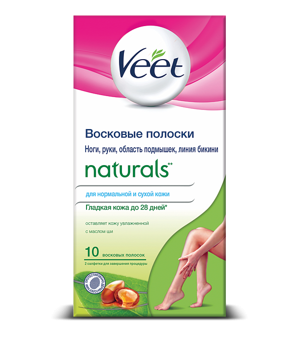 Veet Naturals, восковые полоски для депиляции с маслом ши, 10 шт.