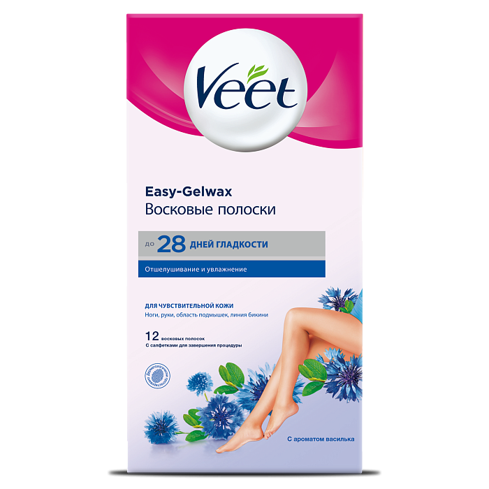 Veet Easy Gel-wax, полоски восковые для депиляции (для чувствительной кожи, с ароматом василька), 12 шт.
