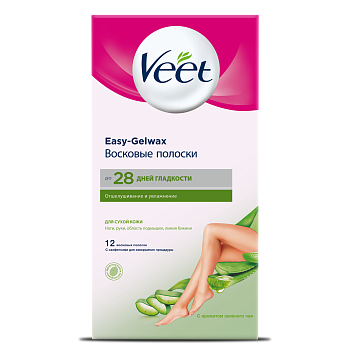 Veet, полоски для депиляции (для сухой кожи) Easy Gel-wax (с ароматом зеленого чая), 12 шт.