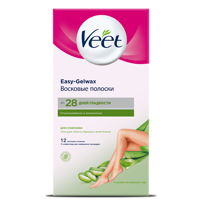 Veet, полоски для депиляции (для сухой кожи) Easy Gel-wax (с ароматом зеленого чая), 12 шт.