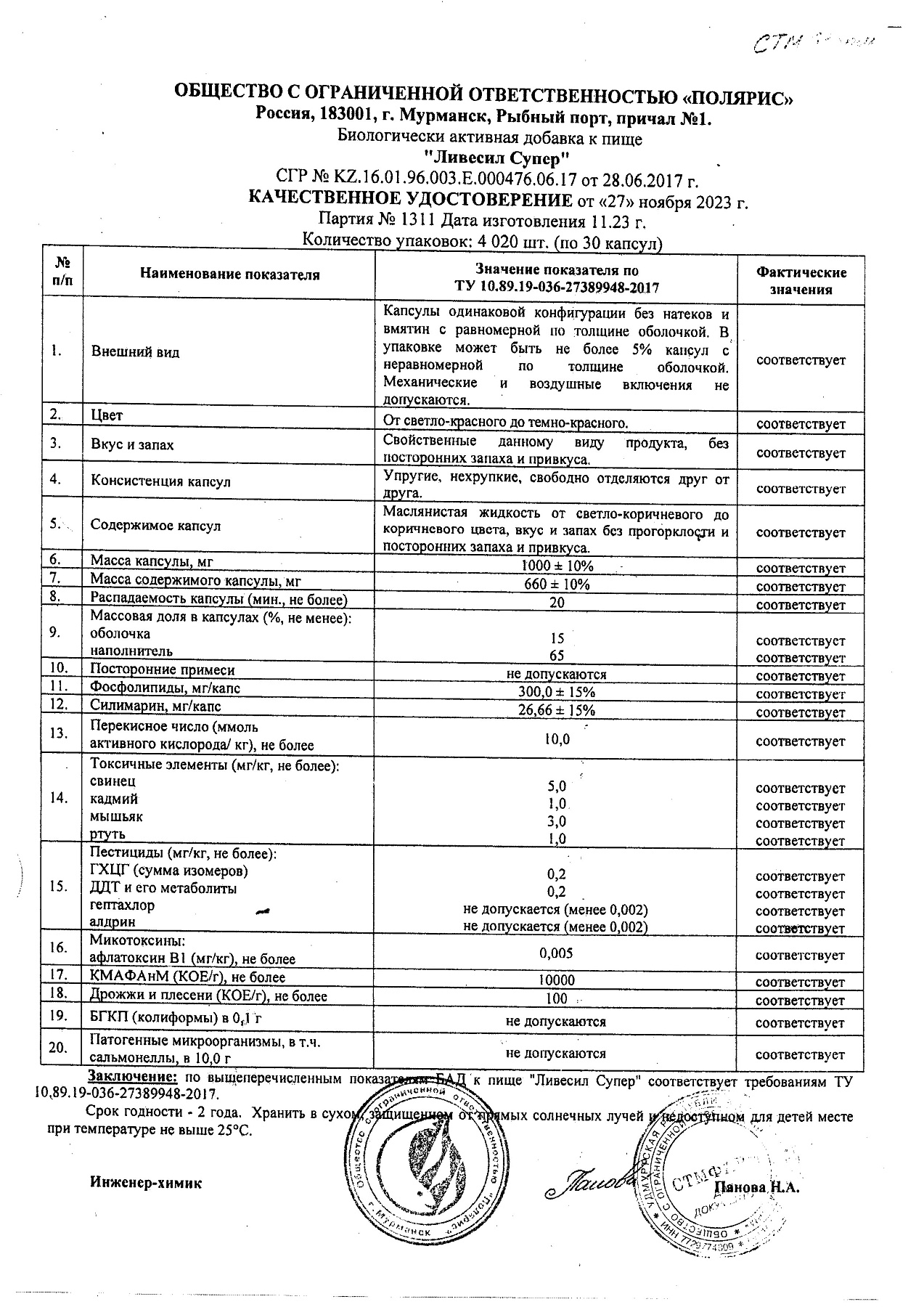 Сертификат на Ливесил Форте, капсулы 1000 мг, 30 шт.