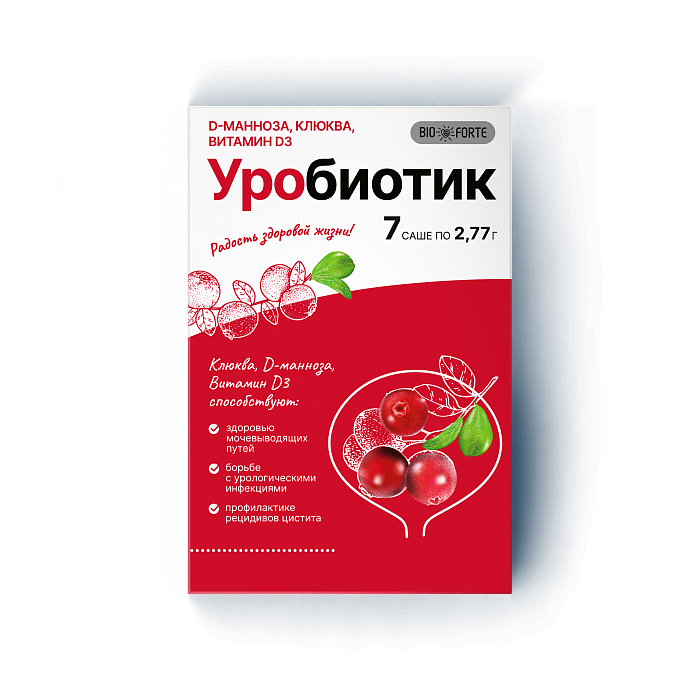 D-манноза Уробиотик BioForte, порошок 2000 мг с экстрактом клюквы и витамином D3, порошок саше, 7 шт. (арт. 338443)