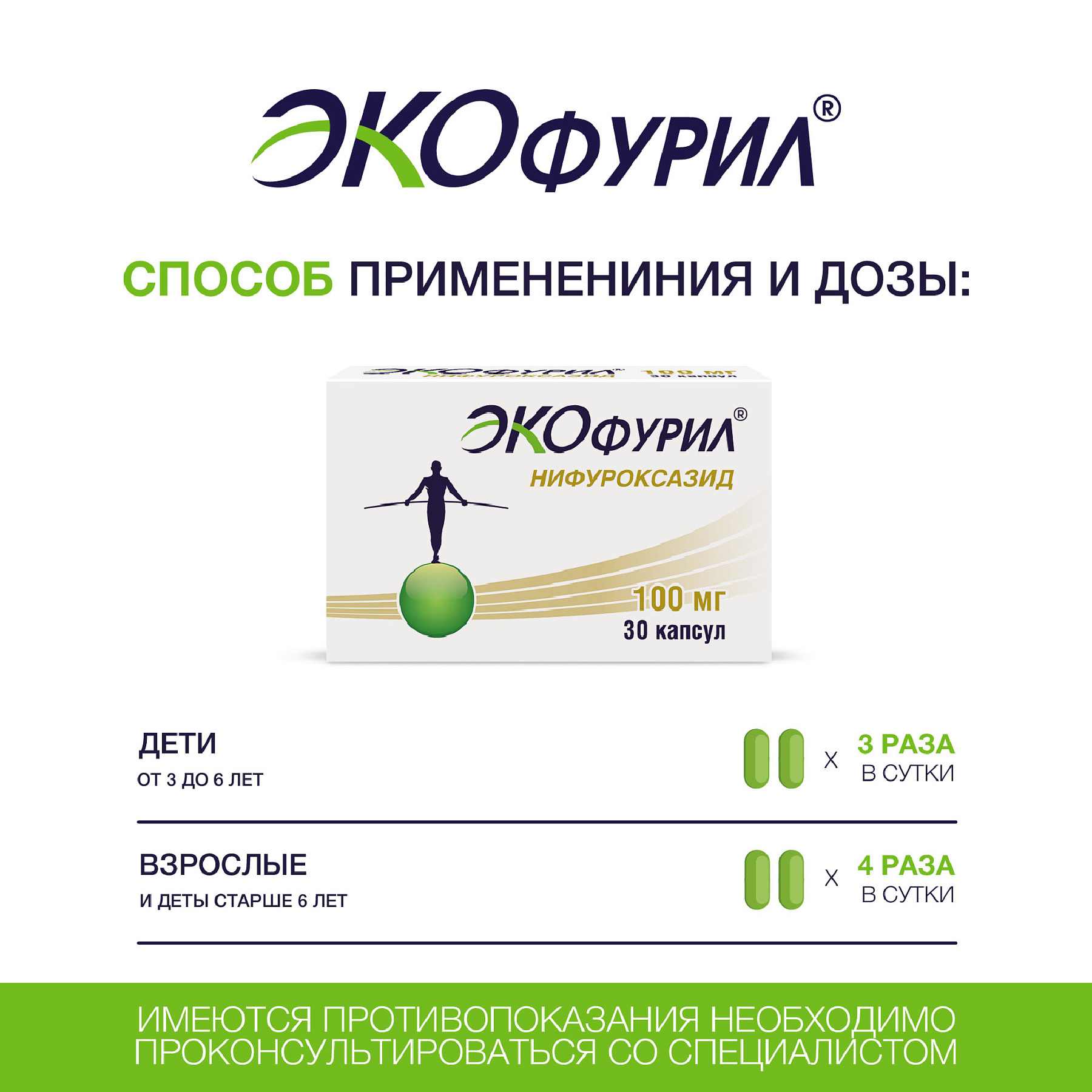 Упаковка препарата Экофурил, капсулы 100 мг, 30 шт.