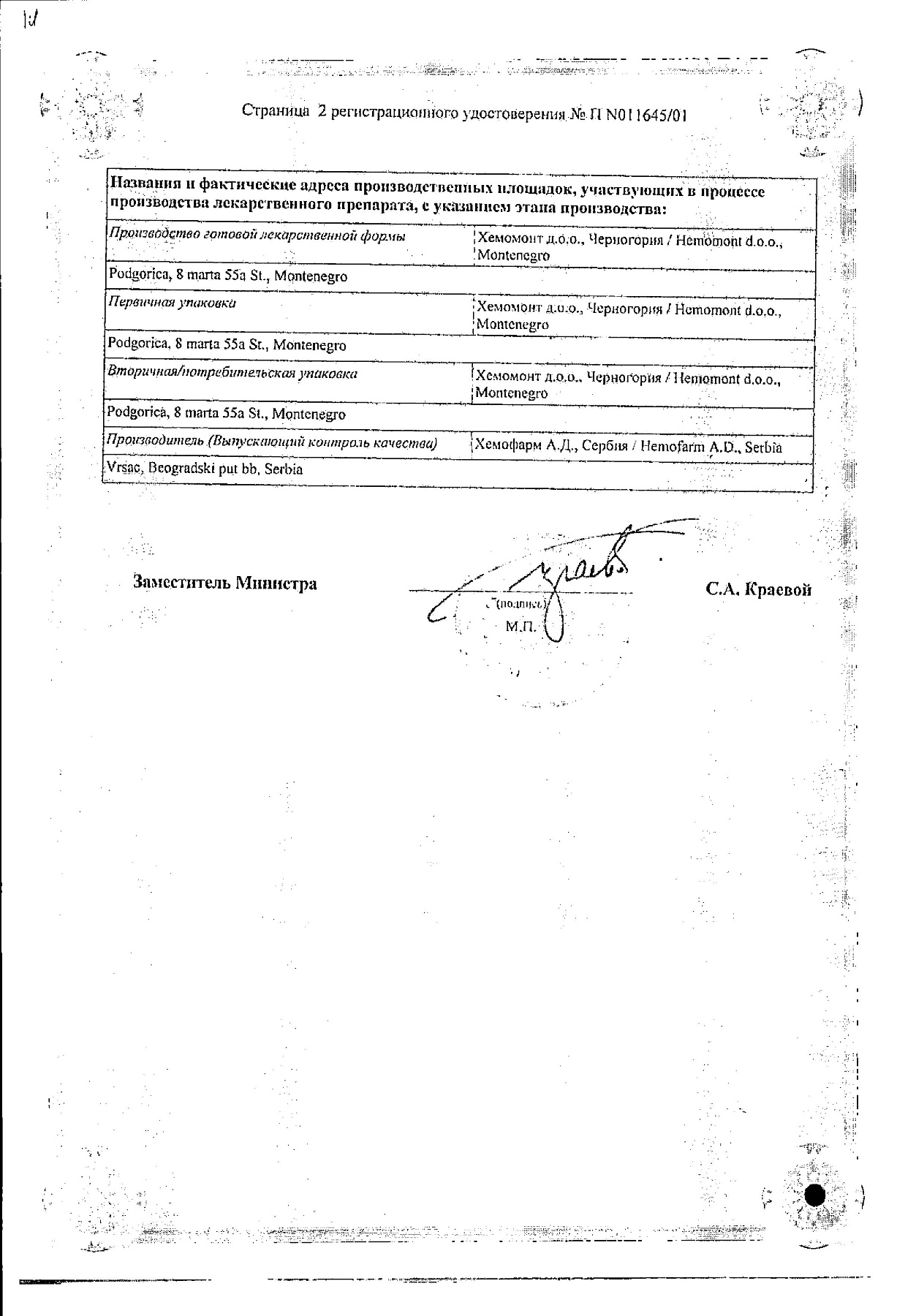 Сертификат на Цефалексин, капсулы 500 мг, 16 шт.