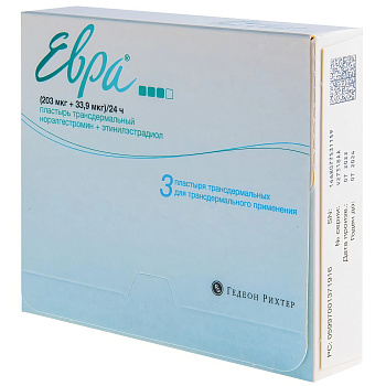 Евра пластырь трансдермальный, 203 мкг + 33,9 мкг/24 ч пакетики, 3 шт.  