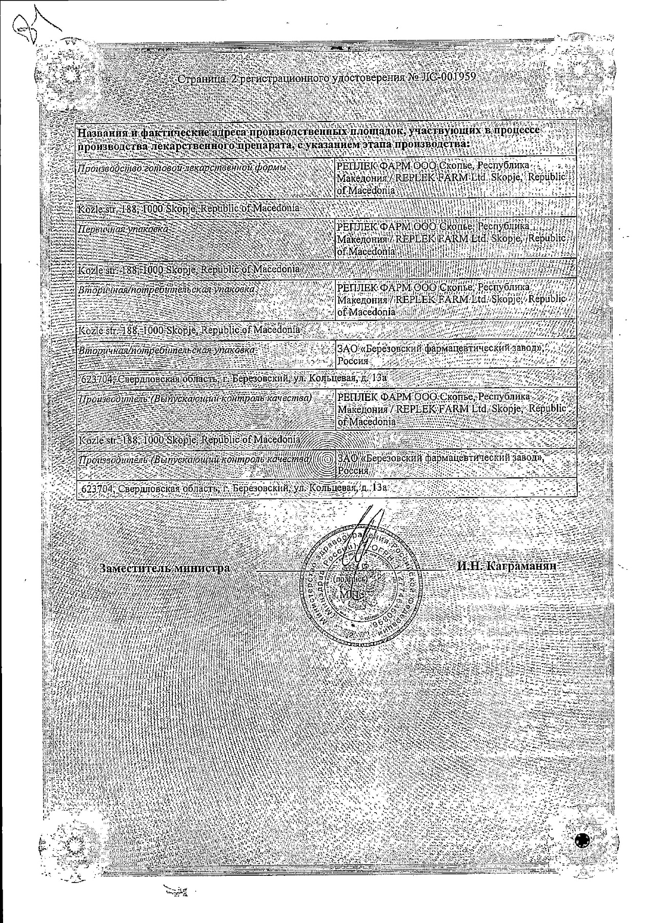 Сертификат на Карведилол, таблетки 25 мг, 30 шт. (Реплекфарм)