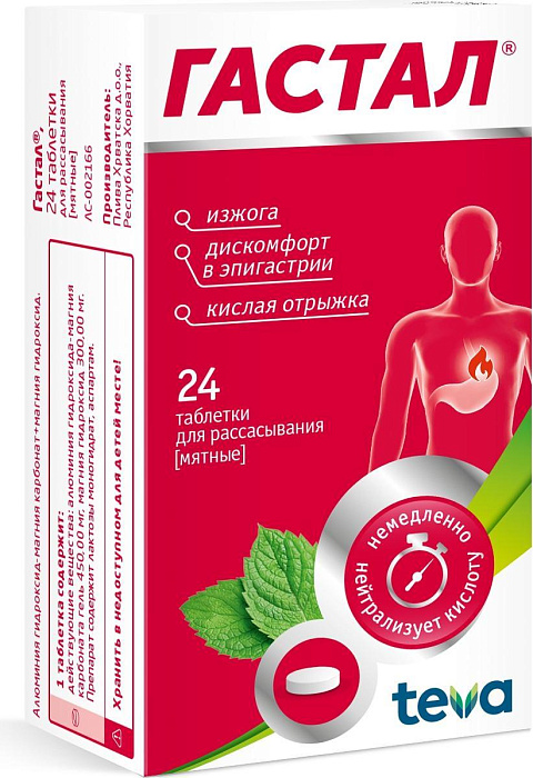 Гастал, таблетки для рассасывания Мятные, 24 шт. 