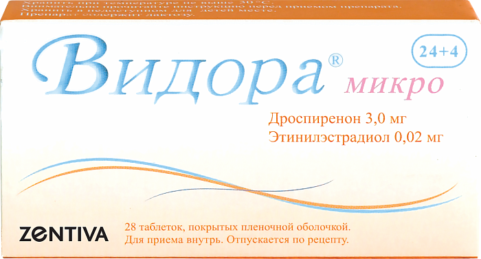 Видора Микро, таблетки покрыт. плен. об. 3 мг+0.02 мг, 24+4, 28 шт. 