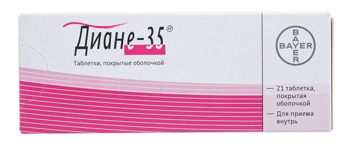 Диане-35, таблетки в пленочной оболочке 2 мг+0.035 мг, 21 шт. 