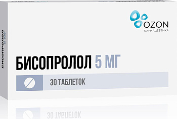Бисопролол, таблетки покрытые пленочной оболочкой 5 мг (Озон), 30 шт. 