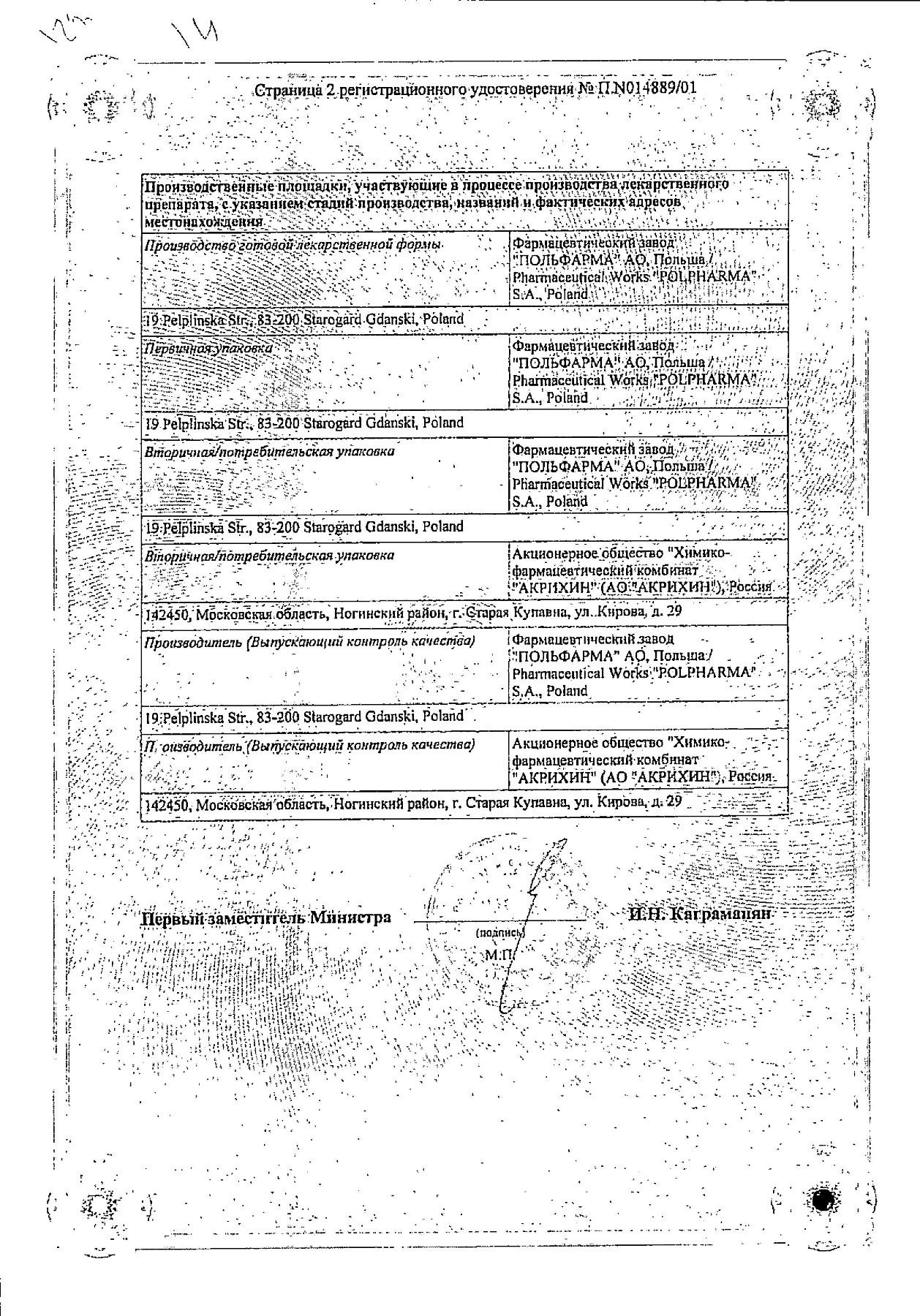 Сертификат на Диакарб, таблетки 250 мг, 30 шт.