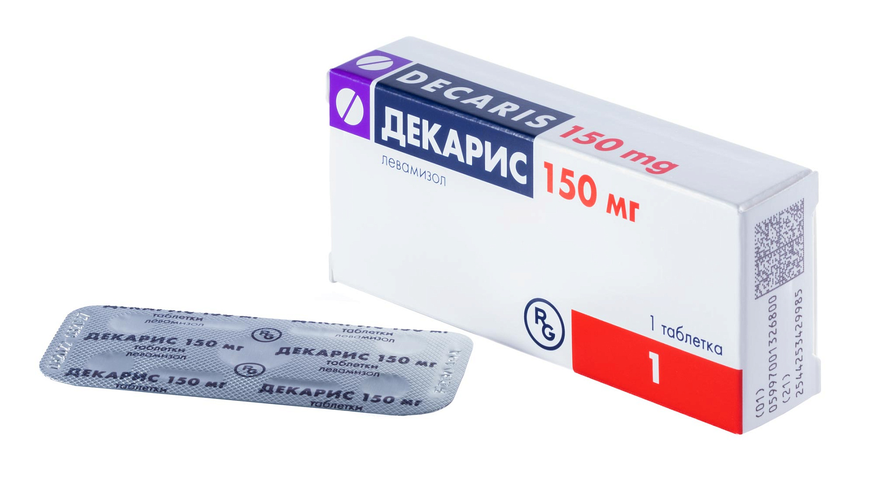 Упаковка препарата Декарис, таблетки 150 мг, 1 шт.