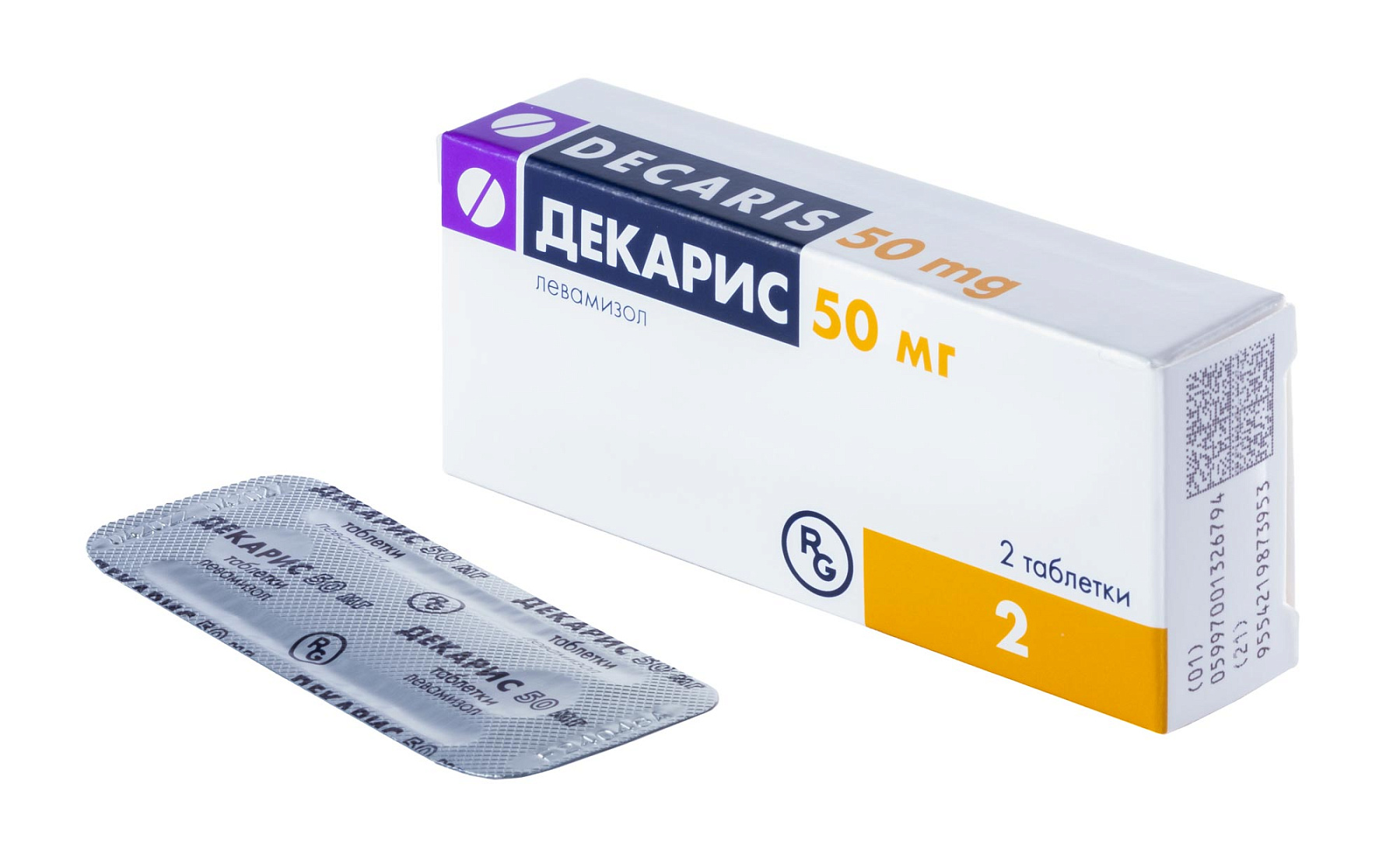 Упаковка препарата Декарис, таблетки 50 мг, 2 шт.